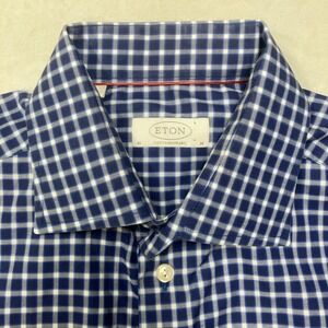 Eton Mens 16 / 41 Contemporary Dress Shirt Button Up Long Sleeve Blue Plaid‎